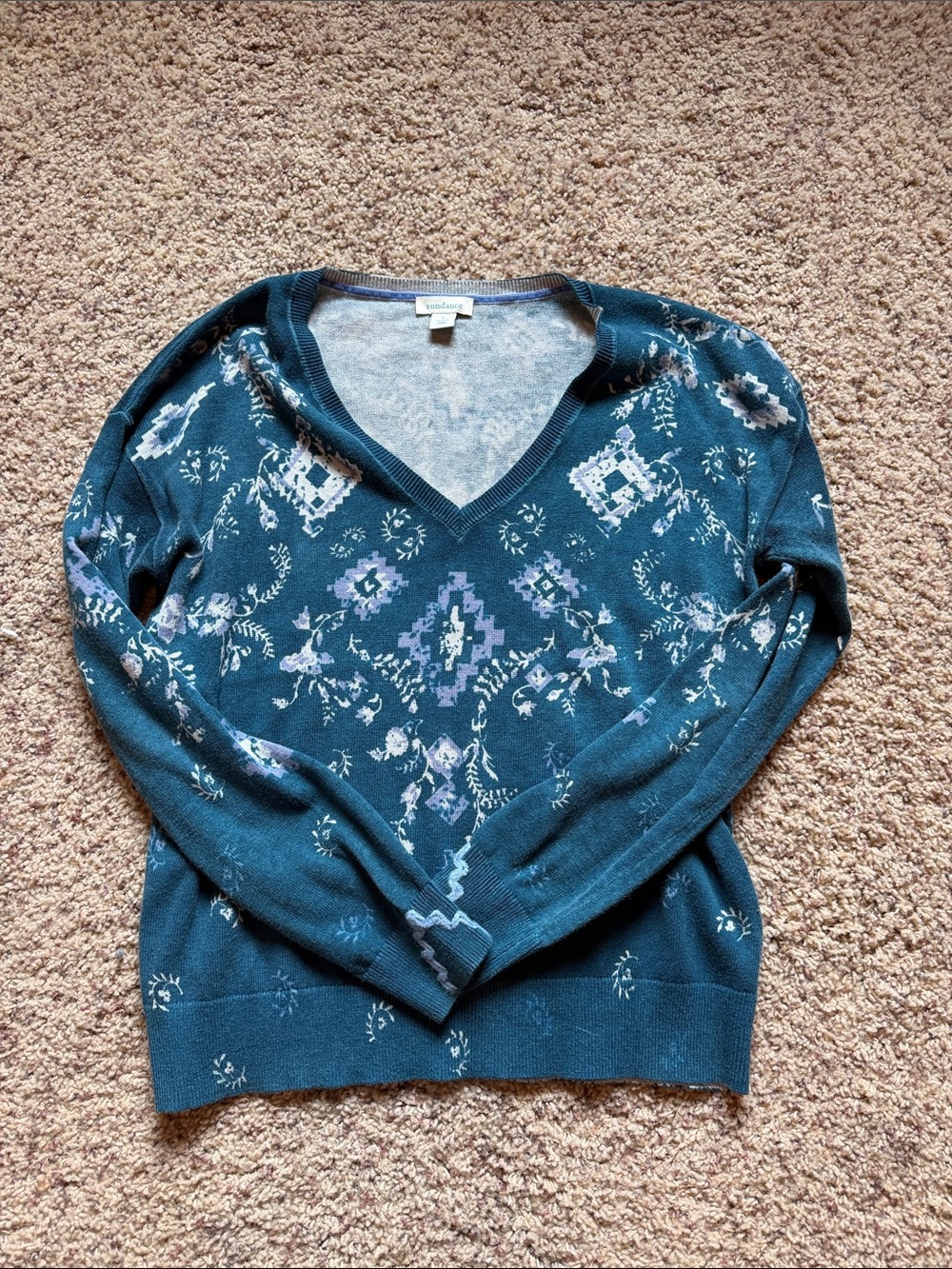 Sundance Teal V-Neck Sweater with Lavender and Cream Motif